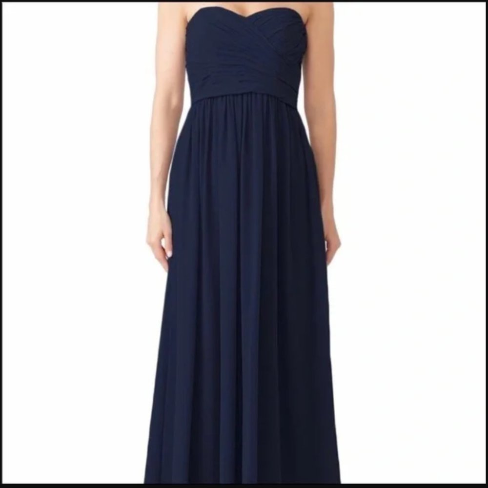 Monique Lhuillier Madeline Bridesmaid navy blue strapless ruched dress size 10